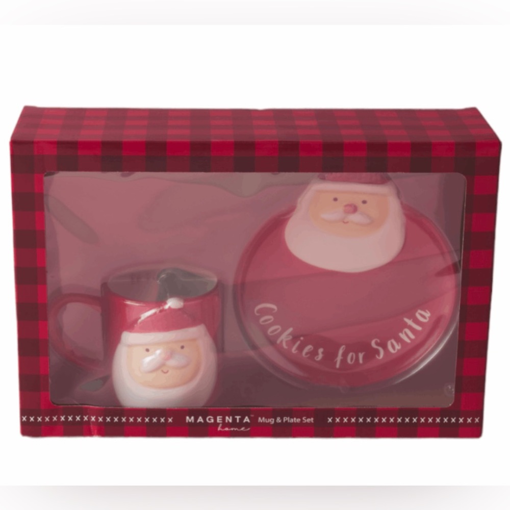 NIB Magenta Cookies For Santa Plate & Mug Set